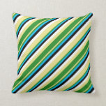 [ Thumbnail: Tan, Forest Green, Deep Sky Blue, Black, and White Throw Pillow ]