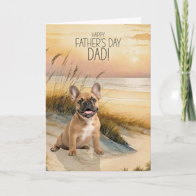 Tan French Bulldog Sunset Beach Father's Day Holiday Card (Front)