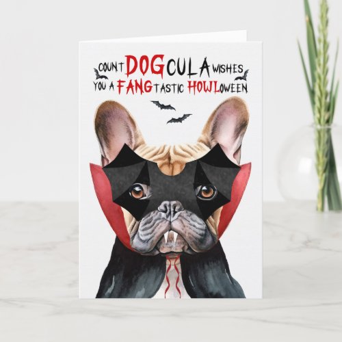 Tan Frenchie Dog Count DOGcula Funny Halloween Holiday Card