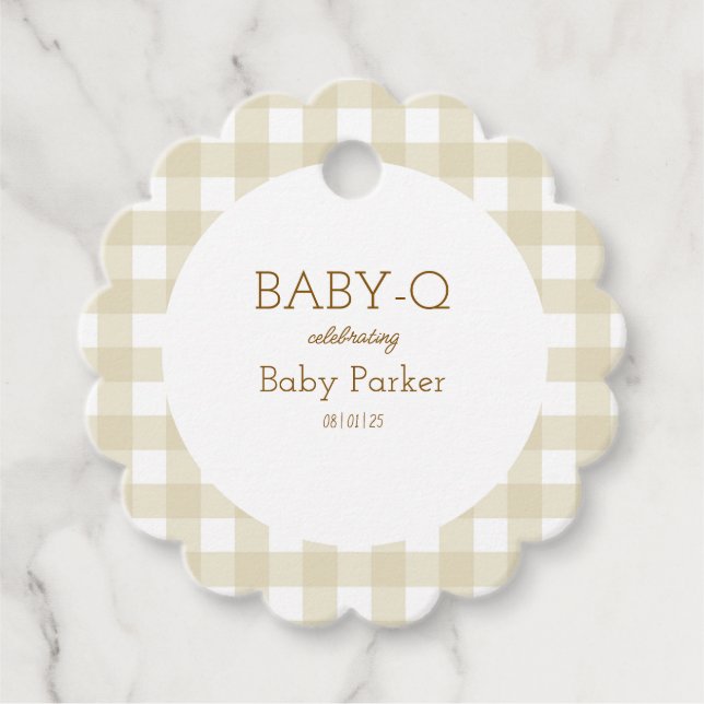 Tan Gingham Baby Shower Favor Tag (Front)