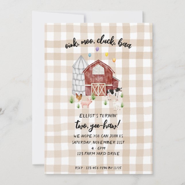 Tan Gingham Farmyard Farm Animal Barnyard Birthday Invitation (Front)