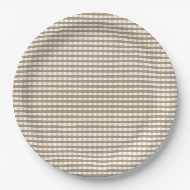 Tan Gingham Pattern Paper Plates (Front)