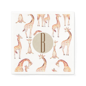 Tan Giraffes Baby Shower Monogram Letter Initial Paper Napkins