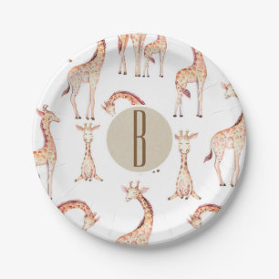 Tan Giraffes Baby Shower Monogram Letter Initial Paper Plates
