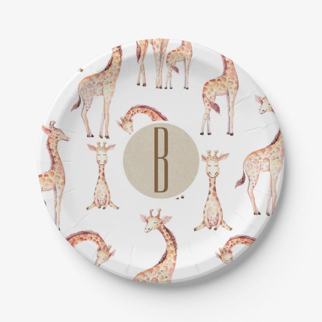 Tan Giraffes Baby Shower Monogram Letter Initial Paper Plates (Front)