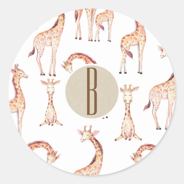 Tan Giraffes Baby Shower Monogram Party Favor Classic Round Sticker (Front)