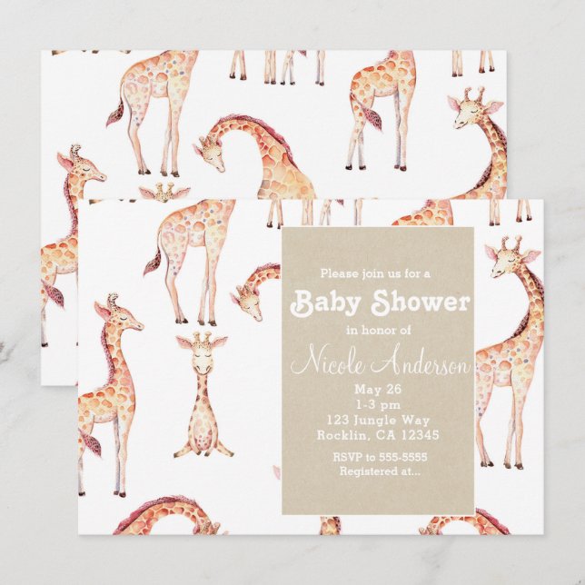 Tan Giraffes & Kraft Safari Whimsical Baby Shower Invitation (Front/Back)