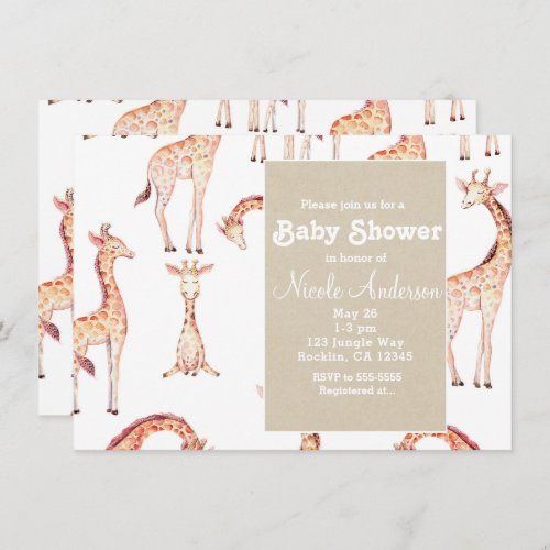 Tan Giraffes  Kraft Safari Whimsical Baby Shower Invitation