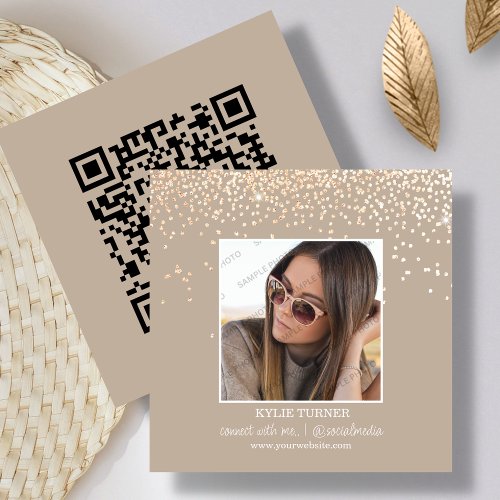 Tan Glitter  Photo  Social Media  QR Code   Square Business Card