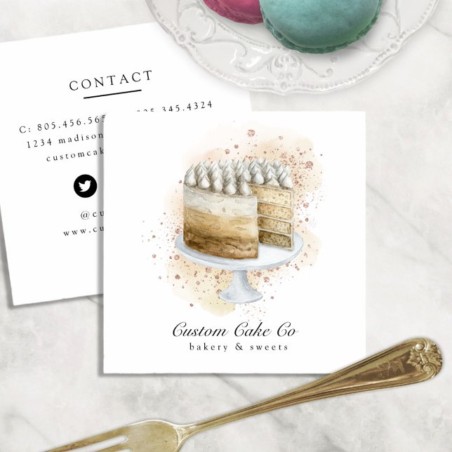 Tan, Gold Glitter & Floral Custom Cakes Bakery Square Business Card (Creator Uploaded)