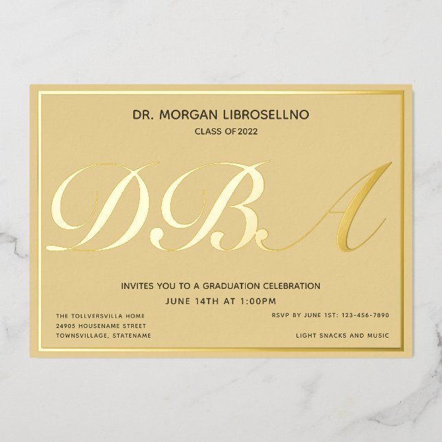 Tan Gold Graduate DBA Graduation Foil Invitation (Front)