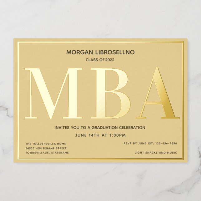 Tan Gold MBA Graduation Foil Invitation (Front)