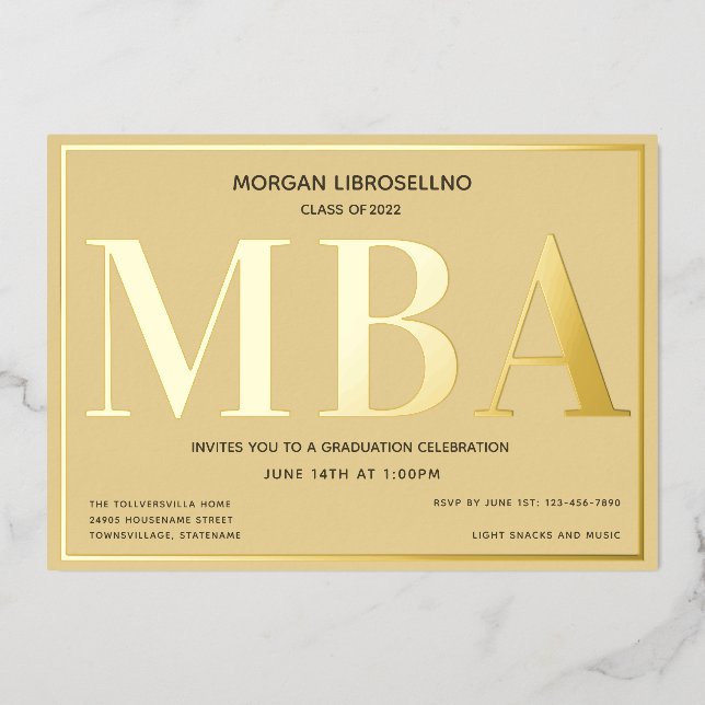 Tan Gold MBA Graduation Foil Invitation (Front)