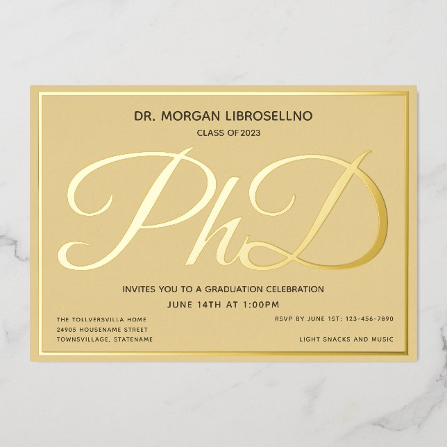 Tan Gold PhD Graduation Foil Invitation (Front)