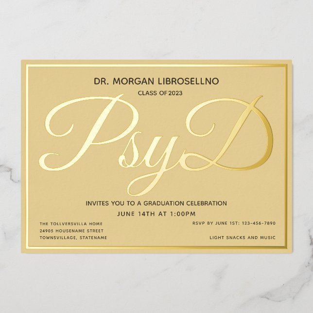 Tan Gold PsyD Graduation Foil Invitation (Front)