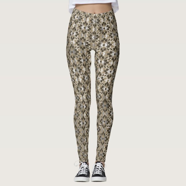 Tan, Gray, and Brown Patterned Flowers Leggings (Front)