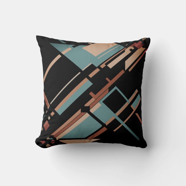 Tan Gray-Green Rust on Black Diagonal Abstract Throw Pillow (Front)
