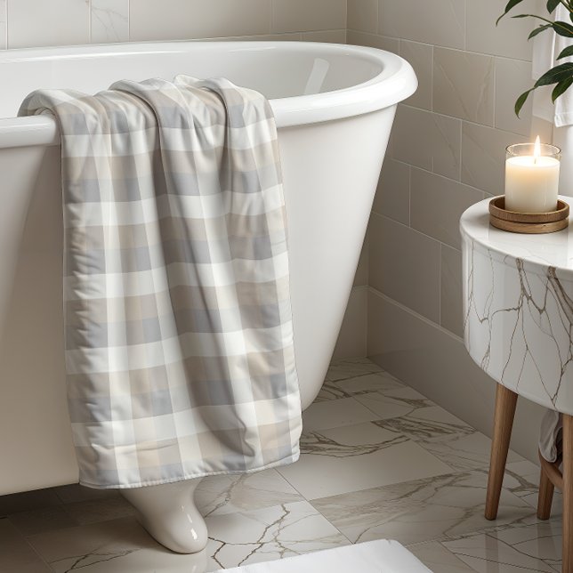 Tan Gray Ivory Neutral Rustic Plaid Bath Towel (Creator Uploaded)