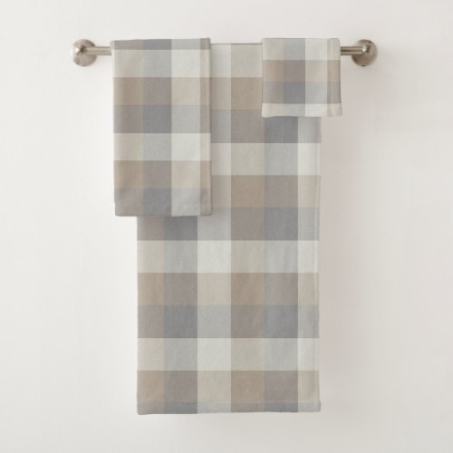 Tan Gray Ivory Neutral Rustic Plaid Bath Towel Set