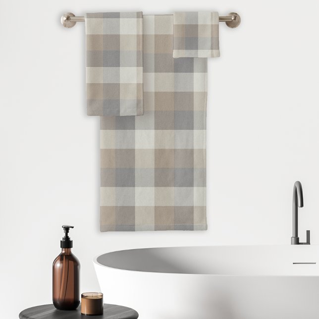 Tan Gray Ivory Neutral Rustic Plaid Bath Towel Set (Creator Uploaded)