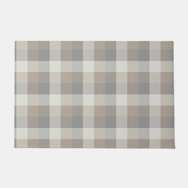 Tan Gray Ivory Neutral Rustic Plaid Doormat (Front)