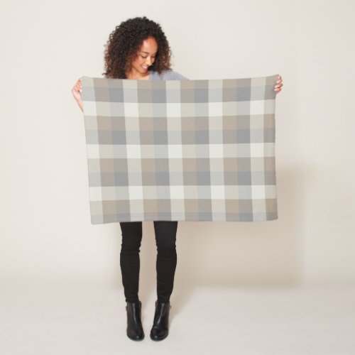 Tan Gray Ivory Neutral Rustic Plaid Fleece Blanket