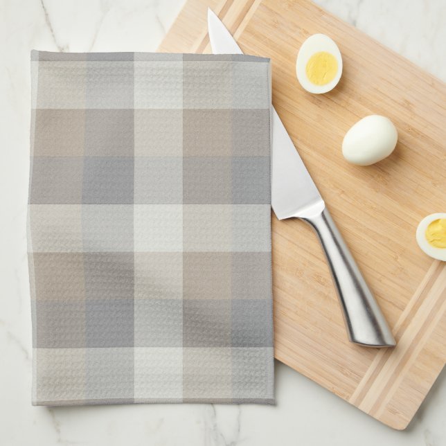 Tan Gray Ivory Neutral Rustic Plaid Kitchen Towel (Quarter Fold)