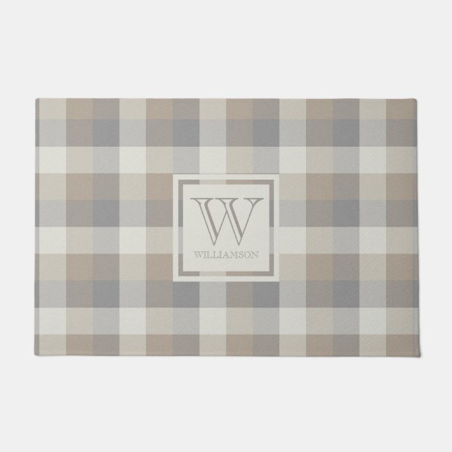 Tan Gray Ivory Neutral Rustic Plaid Monogram Doormat (Front)