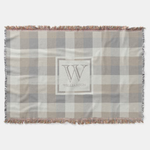 Tan Gray Ivory Neutral Rustic Plaid Monogram Throw Blanket