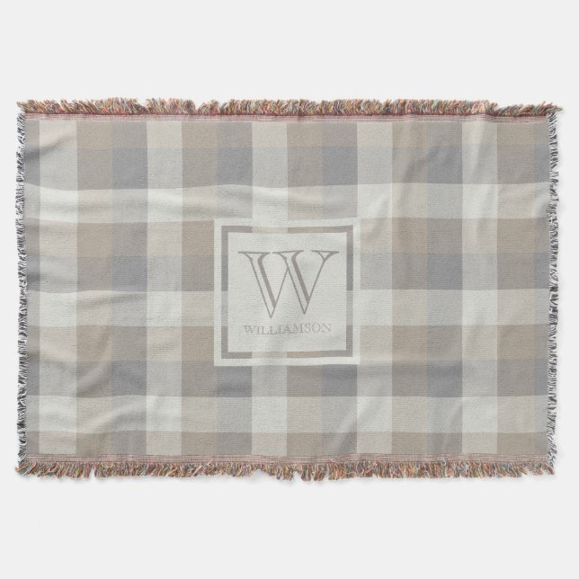 Tan Gray Ivory Neutral Rustic Plaid Monogram Throw Blanket (Front)