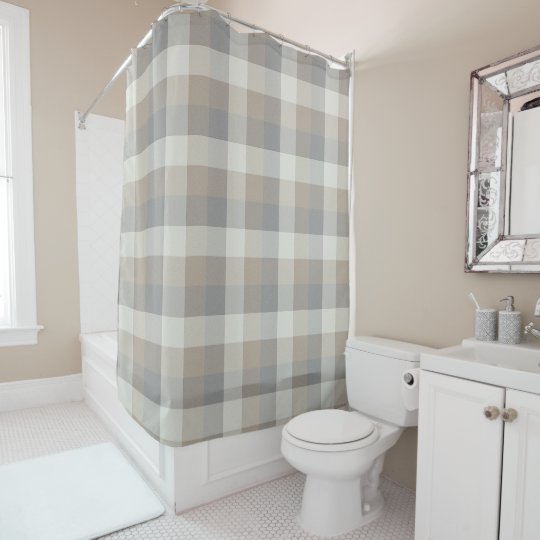 Tan Gray Ivory Neutral Rustic Plaid Shower Curtain