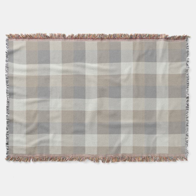 Tan Gray Ivory Neutral Rustic Plaid Throw Blanket (Front)