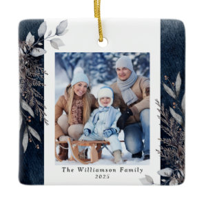 Tan & Gray Winter Foliage Photo Christmas Blue Ceramic Ornament