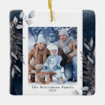 Tan & Gray Winter Foliage Photo Christmas Blue Ceramic Ornament<br><div class="desc">This photo Christmas ornament features muted tan and gray watercolor winter foliage on a dark blue background. Personalize this elegant Christmas ornament with your family photo.</div>