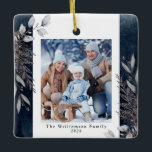 Tan & Gray Winter Foliage Photo Christmas Blue Ceramic Ornament<br><div class="desc">This photo Christmas ornament features muted tan and gray watercolor winter foliage on a dark blue background. Personalize this elegant Christmas ornament with your family photo.</div>