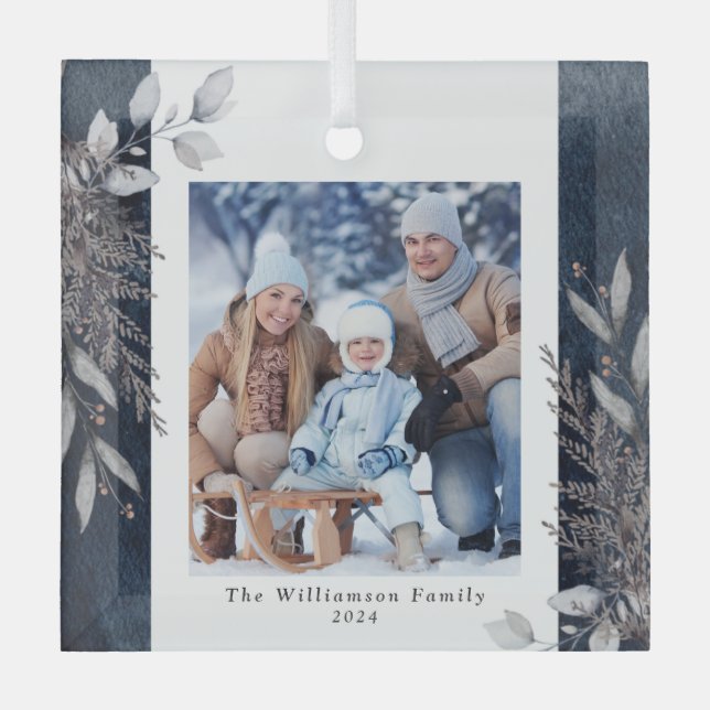 Tan & Gray Winter Foliage Photo Christmas Blue Glass Ornament (Front)