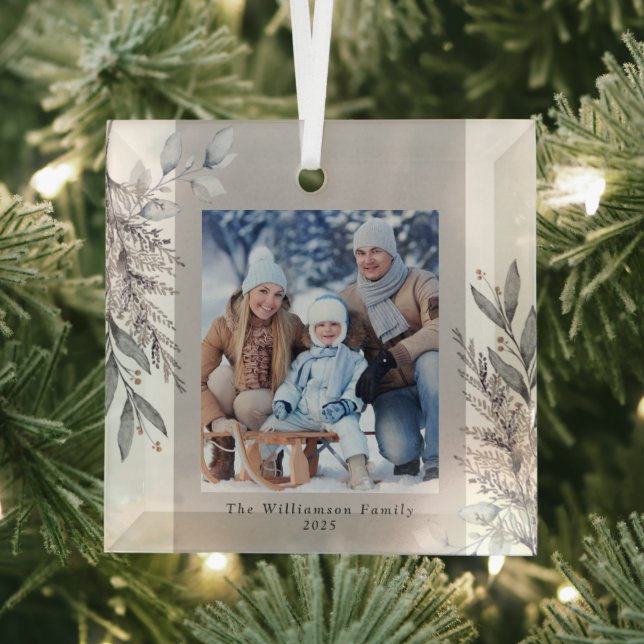 Tan & Gray Winter Foliage Photo Christmas Ceramic  Glass Ornament (Insitu)
