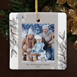 Tan &amp; Gray Winter Foliage Photo Christmas Ceramic Ornament