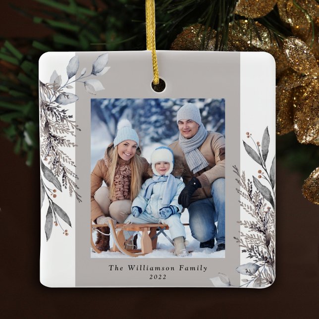 Tan & Gray Winter Foliage Photo Christmas Ceramic Ornament (Creator Uploaded)