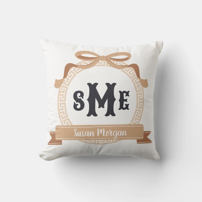 Tan Greek Key Bow Monogram Throw Pillow (Front)