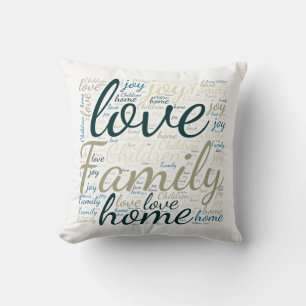 Tan Green Blue Love Family Home Word Cloud  Throw Pillow