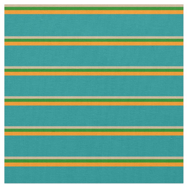 Tan, Green, Dark Orange, and Dark Cyan Lines Fabric (Close Up)