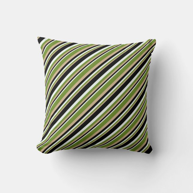 Tan, Green, Mint Cream, and Black Stripes Pattern Throw Pillow (Front)