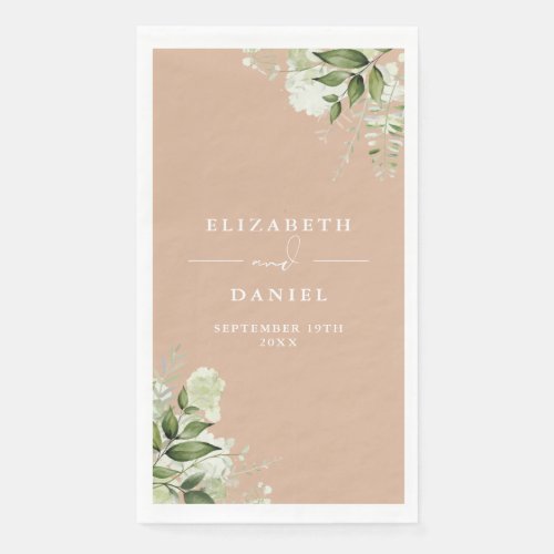 Tan Greenery Floral Elegant Wedding Paper Guest Towels
