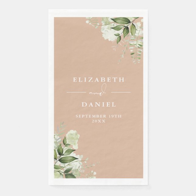 Tan Greenery Floral Elegant Wedding Paper Guest Towels (Front)
