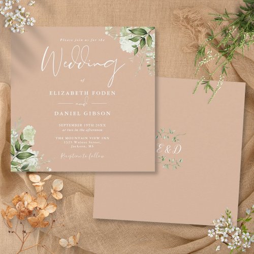 Tan Greenery Floral Monogram Square Wedding Invitation