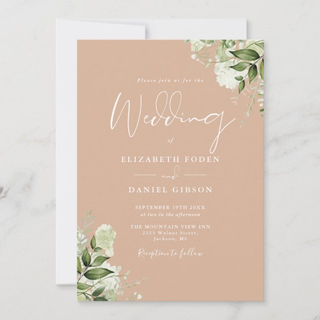 Tan Greenery Floral Monogram Wedding Invitation (Front)