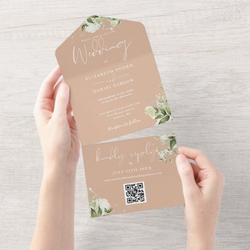 Tan Greenery Floral QR Code Monogram Wedding All In One Invitation