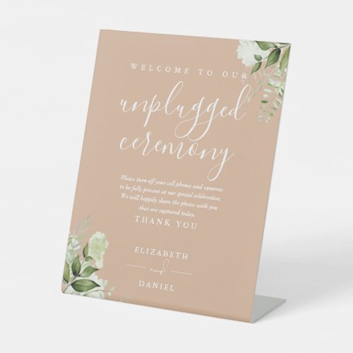 Tan Greenery Floral Unplugged Ceremony Pedestal Sign