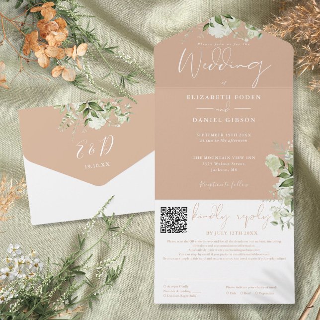 Tan Greenery Monogram QR Code Wedding All In One Invitation (Tan Greenery Monogram QR Code Wedding All In One Invitation)